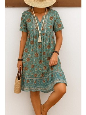 Yeşil Sarmaşık Kadın Kısa Kollu Yakası Bağcıklı Önden Düğmeli Fırfır Desenli Süprem Elbise