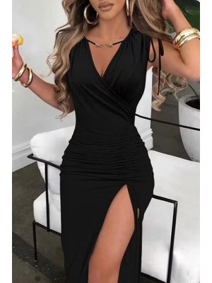 Yeşil Sarmaşık Kadın Sıfır Kollu V Yakalı Yırtmaç Detaylı Beli Büzgülü Omuzdan Bağcıklı Sandy Maxi Elbise