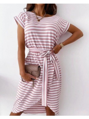 Yeşil Sarmaşık Kadın Kuşaklı Turlu Viskon Kumaş Elbise