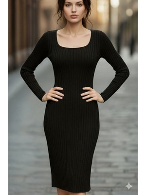 Yeşil Sarmaşık Kadın Uzun Kollu Kare Yakalı Midi Şardonlu Kaşkorse Elbise