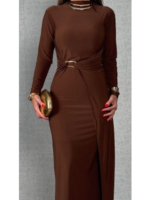 Yeşil Sarmaşık Kadın Balıkçı Yaka Toka Detay Sandy Kumaş Midi Boy Elbise