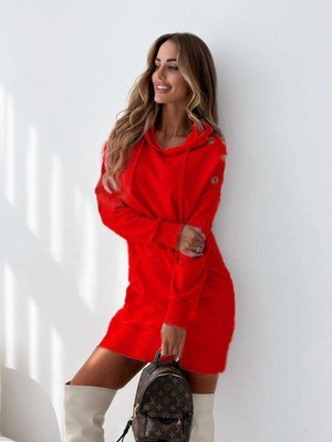 Yeşil Sarmaşık Kadın Kanguru Cep Kapüşonlu Iki Iplik Tunik Elbise