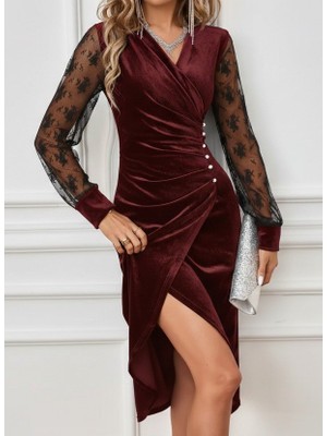 Yeşil Sarmaşık Kadın Uzun Kollu Kruvaze Yakalı Yandan Düğmeli Önden Çapraz Kesin Detaylı Midi Kadife Elbise