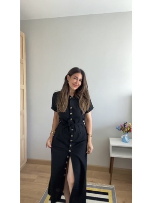 Yeşil Sarmaşık Kadın Kısa Kollu Yakalı Önden Düğmeli Beli Kuşaklı Ithal Keten Elbise