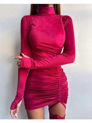 Yeşil Sarmaşık Kadın Uzun Kollu Balıkçı Yaka Büzgü ve Gül Detay Kadife Kumaş Mini Elbise