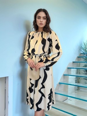 Yeşil Sarmaşık Kadın Uzun Kollu Bisiklet Yaka Geometrik Desenli Midi Dalgıç Elbise