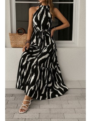 Yeşil Sarmaşık Kadın Halter Yakalı Omuzlardan Açık Kuşaklı Maksi Boy Desenli Süprem Elbise