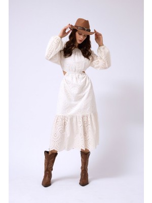 Yeşil Sarmaşık Sırt Dekolteli Brode Elbise