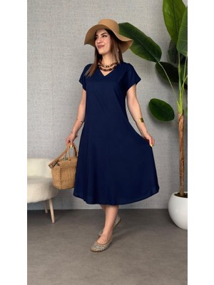 Yeşil Sarmaşık Kadın Kısa Kollu V Yaka Salaş Maxi Boy Elbise