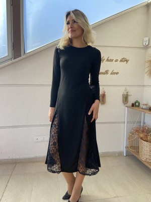 Yeşil Sarmaşık Kadın Uzun Kollu Bisiklet Yaka Sırt Dekolteli Dantel Yırtmaçlı Uzun Krep Elbise