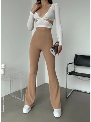 Flamex Şık ve Rahat Yüksek Bel Ispanyol Paça Fitilli Toparlayıcı Bej Tayt