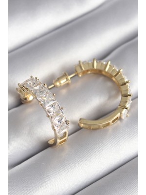 Lokiboo Pirinç Gold Renk Zirkon Taşlı Halka Model Kadın Küpe - Lisinya