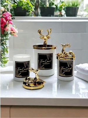 Hype Store Dekoratif Gold Geyikli Vanilya Kokulu Beyaz Bardak Mum 3'lü Set