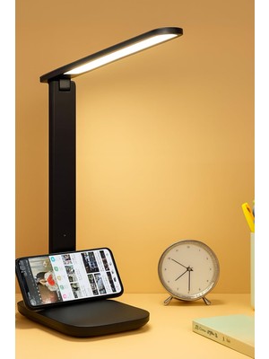 Hype Store Şarjlı Masa Lambası 3 Renk Dokunmatik Telefon Standlı Kademeli Çalışma Okuma Işığı Lambası 9W (Siyah