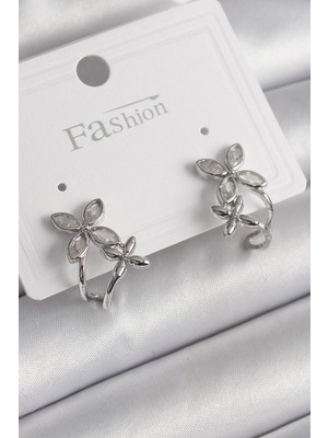 Lokiboo Pirinç Gümüş Renk Zirkon Taşlı 2'li Çiçek Model Kadın Küpe - Lisinya