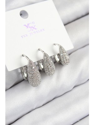 Lokiboo Pirinç Zirkon Taşlı 3'lü Damla Model Gümüş Renk Kadın Küpe - Lisinya