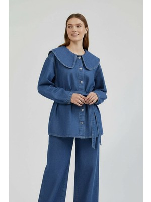 Molly Nelly Kadın Geniş Yaka Kot Kuşaklı Pantolon Takım