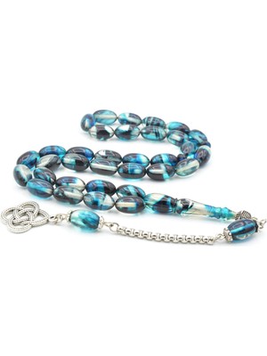 Murty99 Gümüş Kaplama Kamçılı Badem Kesim Mavi Sıkma Kehribar Tesbih