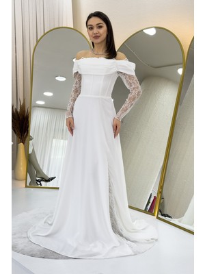 Thezkscom- Kadın Dantel Kollu Yırtmaçlı Tasarım Abiye Elbise Siyah, Beyaz