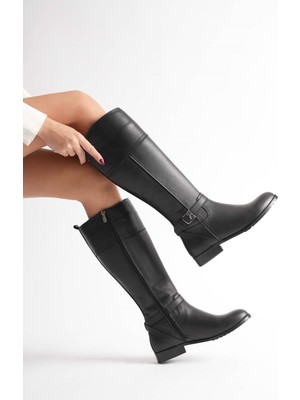 Analin Shoes Kadın Hakiki Deri Tokalı Binici Çizme - Siyah