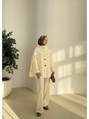 Moda Aksa 6003 Fularlı Blazer Ceket Takım Soft Ekru