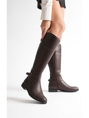 Analin Shoes Kadın Hakiki Deri Tokalı Binici Çizme - Kahve