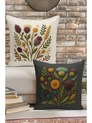 Bertille Home Çift Tarafı Dijital Baskılı  4'lü Kırlent Kılıfı Seti (Panç /punch Nakış Desen Görünümlü)