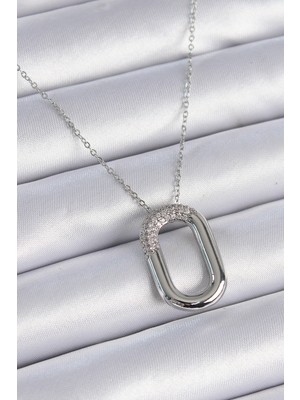 Lokiboo 316L Çelik Zincir Gümüş Renk Zirkon Taşlı Oval Halka Model Kadın Kolye - Lisinya