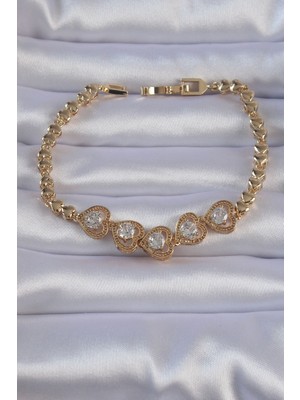 Lokiboo Pirinç Gold Renk Içi Zirkon Taşlı Kalp Figürlü Bileklik - Lisinya