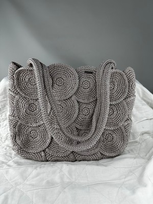 Relya Kadın Bej Simli Makrome El Örgüsü Çıt Çıtlı  Kol Omuz Çantası En 35 cm Boy 27 cm Derinlik 7 cm