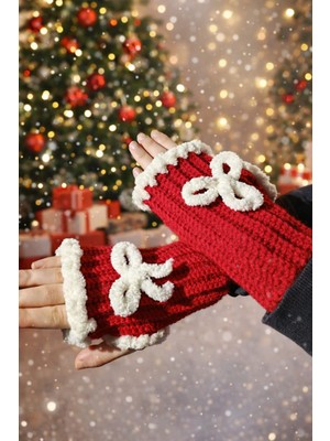 Tnhn Store Kırmızı Örgü Sevgililer Günü Parmaksız Kurdeleli Eldiven 1 Çift Yumuşak Peluş Eldiven