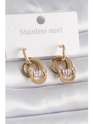 Lokiboo 316L Çelik Gold Renk Zirkon Taşlı Halka Model Kadın Küpe - Lisinya