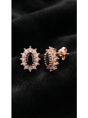 Roza Silver Oniks Taşlı Rose Oval Anturaj Minimal Çivili Gümüş Küpe