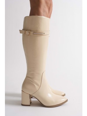 Analin Shoes Kadın Hakiki Deri Altın Toka Detaylı Şık Topuklu Çizme - Bej Rugan