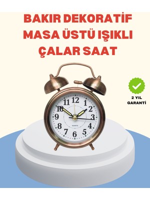Metal Bronz Nostaljik Masa Saati Alarmlı Büyük Boy Sessiz Mekanizmalı