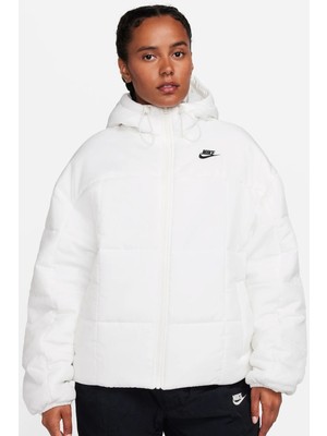 Nike Therma Fit Loose Fit Classic Buffer Bol Kesim Kapüşonlu Kadın Şişme Mont Beyaz