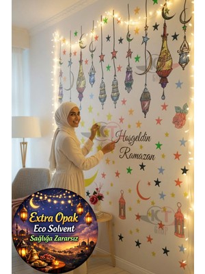 Kt Grup Hoşgeldin Ramazan Renkli Fener Sarkıt Mat Görünümlü Cam Duvar Sticker Seti