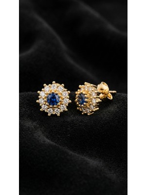 Roza Silver Safir Taşlı Gold Yuvarlak Anturaj Minimal Çivili Gümüş Küpe RE10147