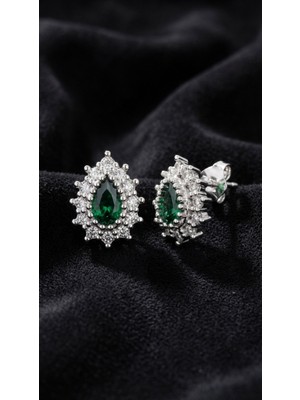 Roza Silver Zümrüt Taşlı Rodyum Damla Anturaj Minimal Çivili Gümüş Küpe