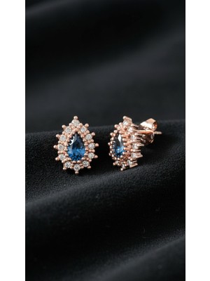 Roza Silver Safir Taşlı Rose Damla Anturaj Minimal Çivili Gümüş Küpe