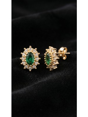 Roza Silver Zümrüt Taşlı Gold Oval Anturaj Minimal Çivili Gümüş Küpe