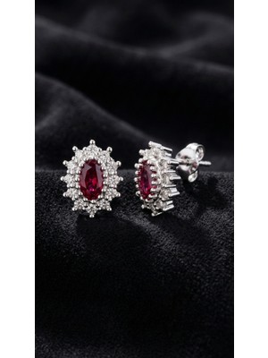 Roza Silver Yakut Taşlı Rodyum Oval Anturaj Minimal Çivili Gümüş Küpe