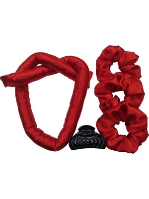 Braventa Collection Ipek Saten Isısız Saç Şekillendirici ve Saç Tokası (Tek Ebat, Kırmızı3)