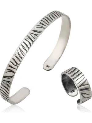 Inure Jewelry Gümüş Zebra Desenli Bileklik Ve Yüzük Set