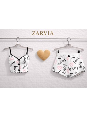 Zarvia Love Yazılı Kalp Baskılı Şort Atlet Takım Pamuk Beyaz
