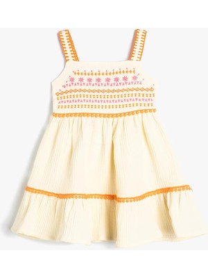 Braventa Collection Askılı Elbise Müslin Kumaş Işleme Detaylı Katlı Pamuklu