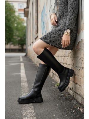 Marina Rosse Kadın Luna Siyah Cilt Çizme Suni Deri Düz Topuklu Günlük Kullanım İçin Şık
