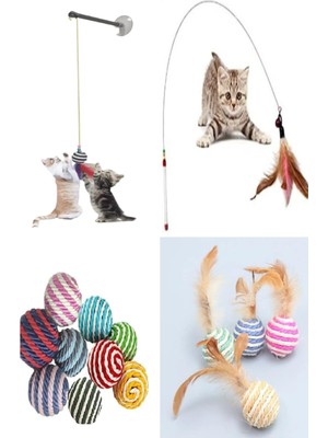 Braventa Collection 4'lü Set: Ip Sarma Top, Vantuzlu Kedi Oltası, Tüylü Top ve 90 cm Olta