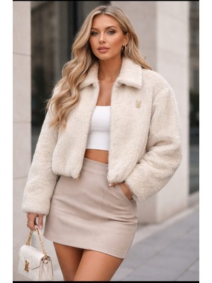 Ebrita moda Kadın ekru fermuarlı suni kürk ceket