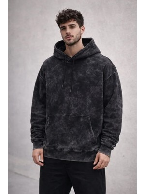 Beruflic Erkek Yağ Yıkamalı Kapşonlu Double Oversize Üç Iplik Pamuklu Sweatshirt - Siyah